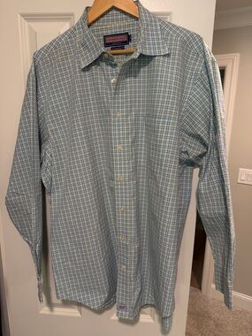 Vineyard Vines Light Blue and Green Plaid Men's Button-Down Shirt
